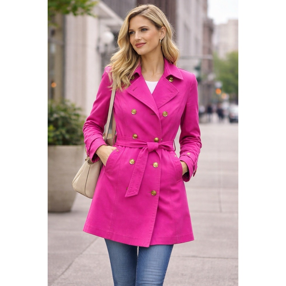 Coach Pink Trench Coat Womens XS Belted Double Breasted Cotton Jacket